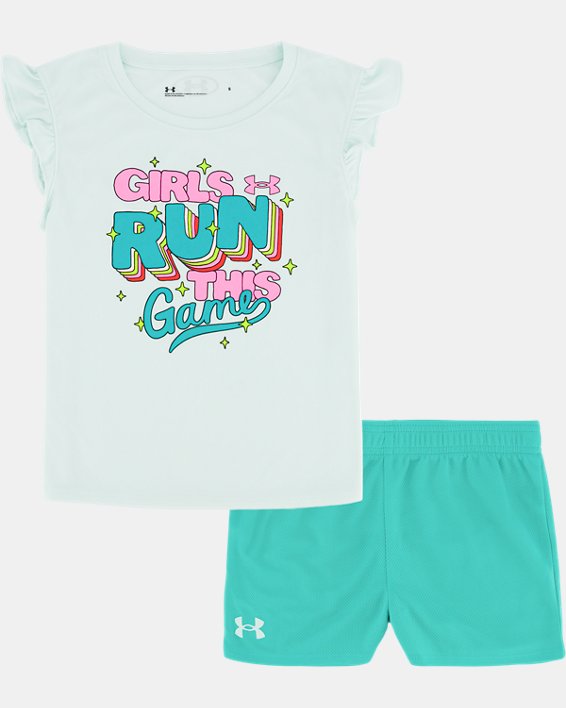 Girls' Pre-School UA Run the Game Flutter T-Shirt & Shorts Set, Green, pdpMainDesktop image number 0